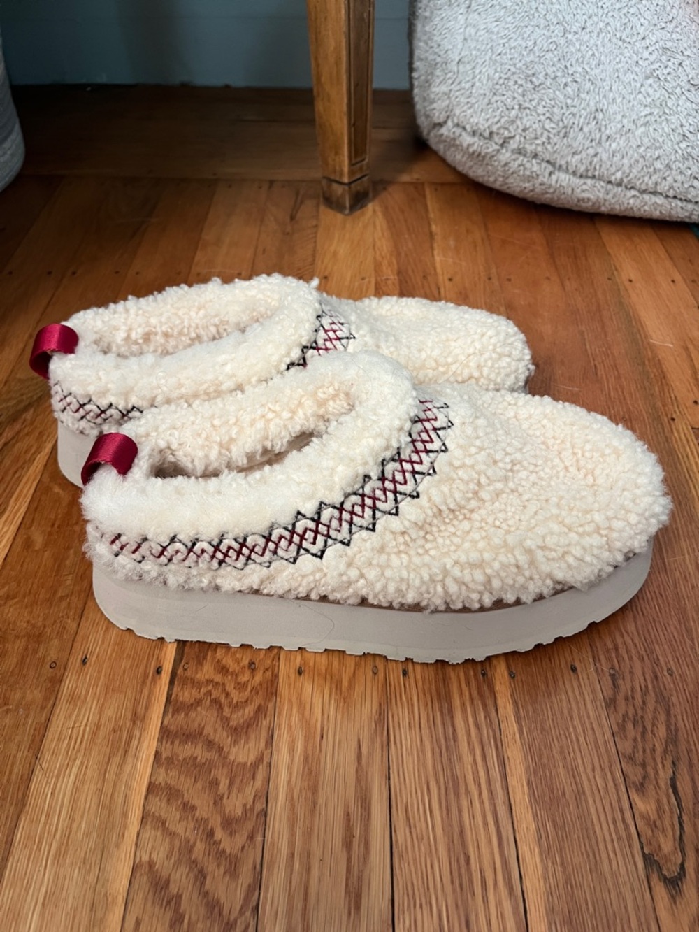 UGG Cream Sherpa Platform Slip-On Shoes with Red Pull Tab
